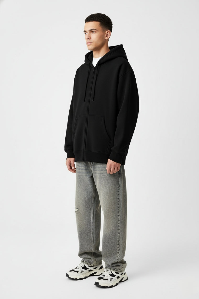 Premium 320 GSM Black Zipped Hoodie - Heavyweight Cotton Zip-Up Sweatshirt